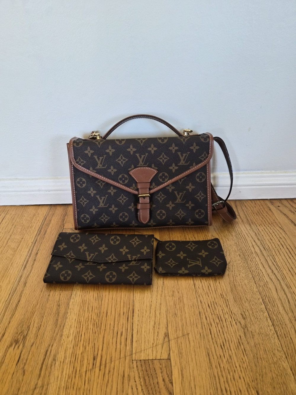 Brown Canvas Top Handle Satchel with  Wallet  and Coin Pouch